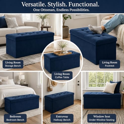 Image of ALASDO 43 Inch Folding Storage Ottoman Bench with Hidden Storage, Velvet Storage Ottoman Foot Rest Stool, End of Bed Bench for Bedroom, Living Room, Entryway and Closet, Navy Blue