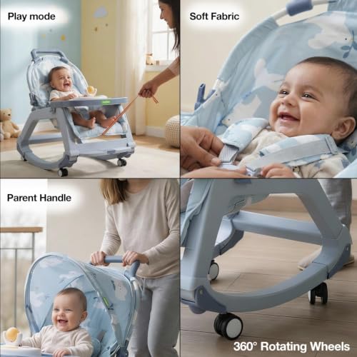 Image of Baybee Baby Rocker & Bouncer Chair for 0-3 Years | Baby Feeding Chair with Push Rocker Mode, Adjustable Canopy, Hanging Toys, 360 Wheels & 3-Point Safety Belt (Blue)