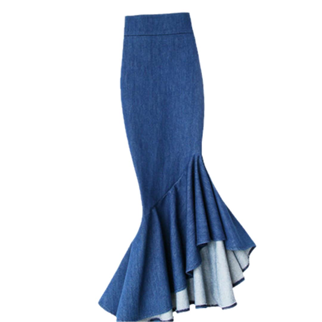 PYTRXGBO Gonna da donna Plus Size Mermaid Denim Gonna elasticizzata a vita alta con volant, Mezzo polpaccio, L