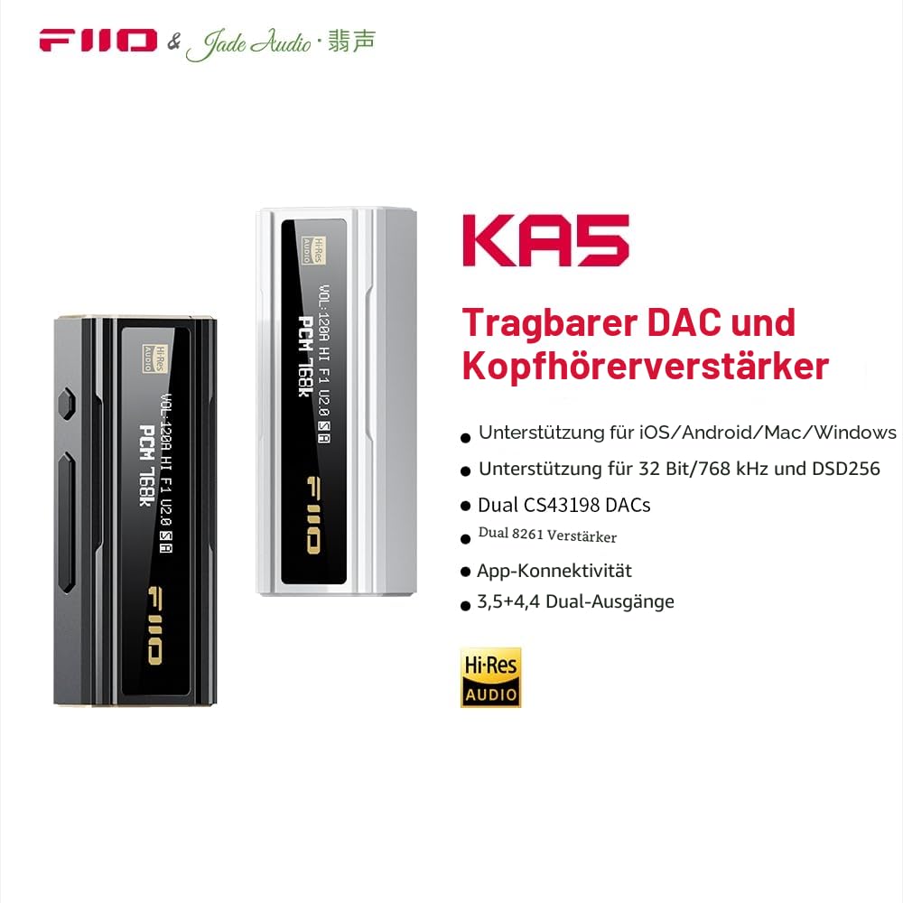 FiiO KA5 tragbarer DAC und Kopfhörerverstärker mit OLED-Display und 3,5mm sowie 4,4 mm symmetrischem Kopfhörerausgang