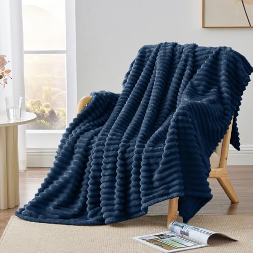Image of BEDELITE Ribbed Twin Blanket for Couch & Bed, Navy, 60 inchx80 inch