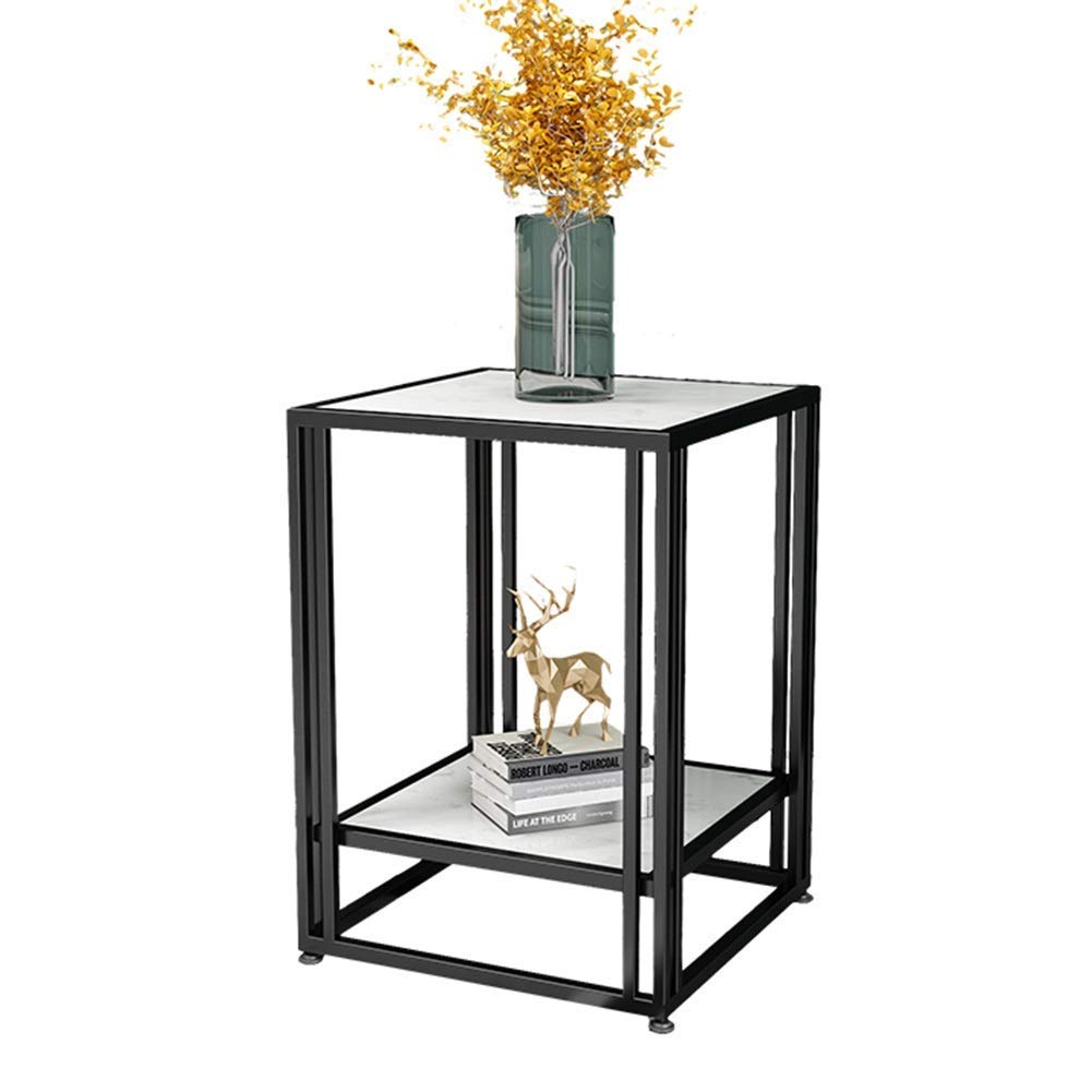 Round Coffee Table Side Table Nordic Fashion Marble Bed Side Table Double Layer Wrought Iron Sofa Corner Table Magazine Living Room Bedroom Rack, 45x45x56CM (Color: White+Golden)