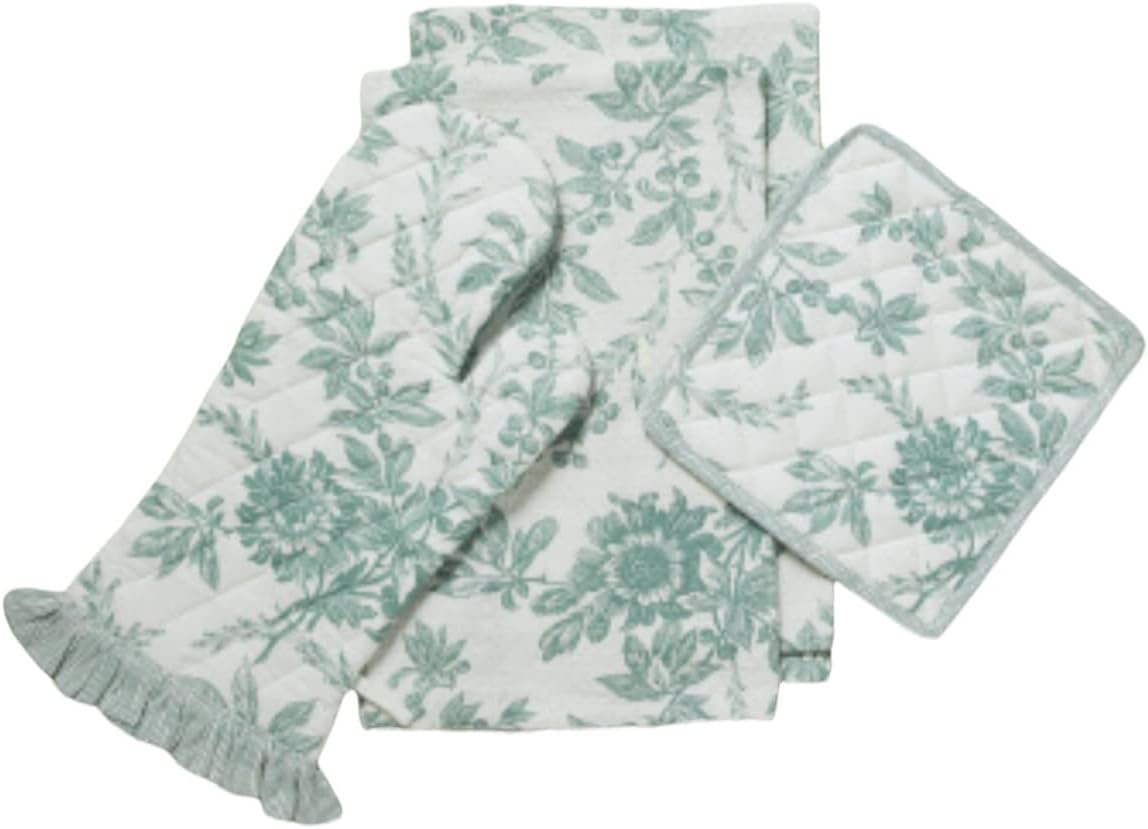 Artesian April Cornell 4-Pc. Felicity Bunny Green Floral Toile Kitchen Linen Gift Set | Lovely Floral Toile in Green and White | 100% Cotton