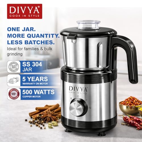 Image of DIVYA Rock Steel One Jar Mixer Grinder for Home Kitchen | 800 ml Dry Grinder Jar | 100% Copper Motor | 304 Stainless Steel Blade | 2 Speed Control with Pulse | Stainless Steel Body
