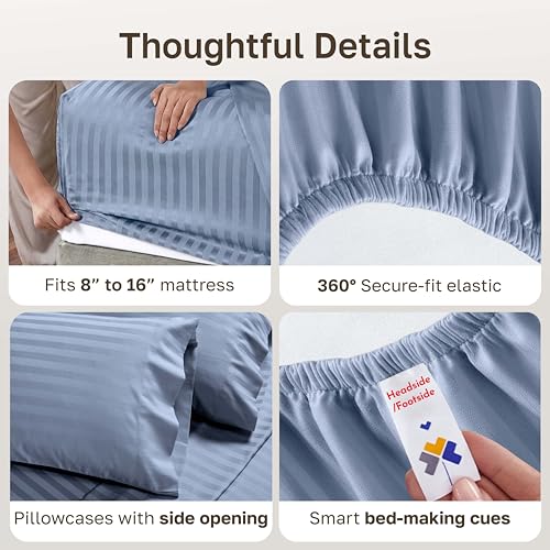 Image of California Design Den 500TC 100% Cotton Full Sheets Set, Light Blue Stripe | Good Housekeeping Seal, OEKO-TEX Certified, Silky-Soft Sateen Weave, 4pc Set, 16 inch Deep Pockets, For Hot Sleepers, All-Season