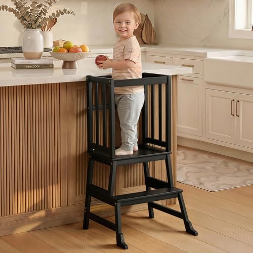 COSYLAND Kitchen Step Stool for Toddlers, A-Frame Learning Stool (Black)