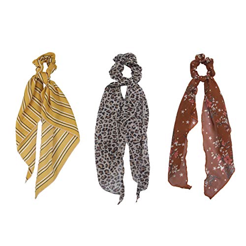 3Pcs Leopard Bow Scrunchies with Printed Flower Pattern Chiffon, Vintage Hair Bands Ponytail Holder Accessories Elastic Hair Scarf Ties Bowknot Bands for Girls and Women