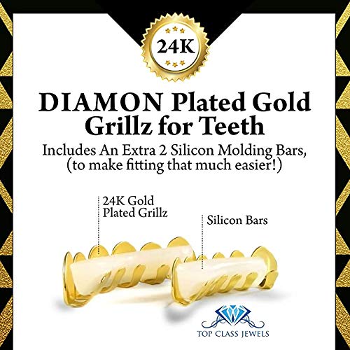 24K Plated Joker Gold Grillz for Mouth Top Bottom Hip Hop Teeth Grills for Teeth Mouth + 2 Extra Molding Bars + Microfiber Cloth (Gold CZ)