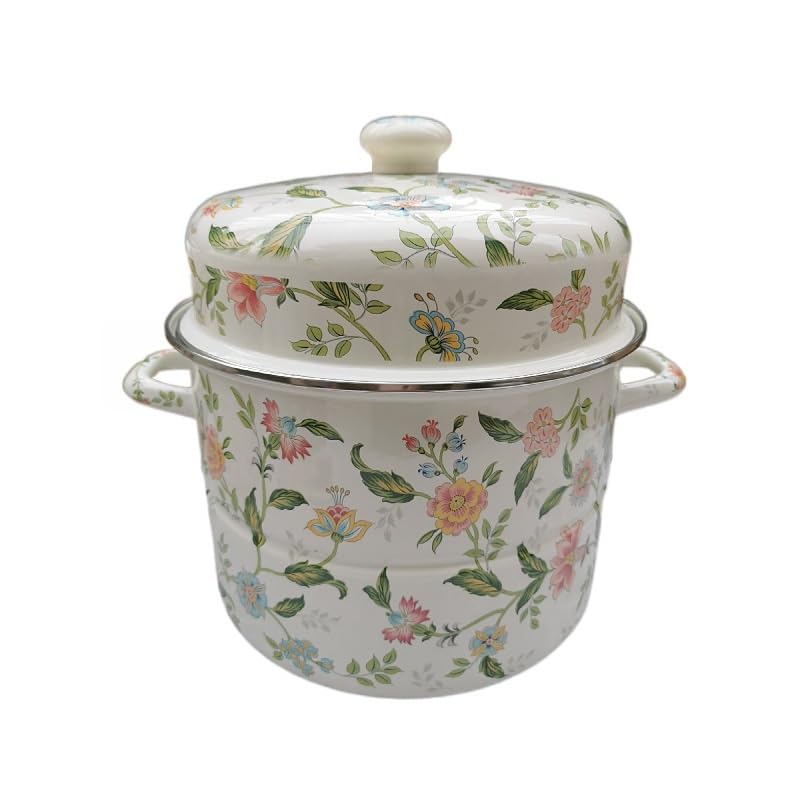 Vaporera de acero esmaltado con flores de 28 cm con olla de almacenamiento con tapa, olla for estofado lento de esmalte retro con bandeja for vaporizar, olla alta for sopa con esmalte de flores verdes