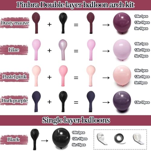 Image of Black Pink Purple Balloons Double Stuffed Dark Plum Mauve Pink Pastel Lavender Lilac Balloon Garland Arch Kit for Wednesday Addams Halloween Birthday Baby Shower Wedding Goth Party Decorations