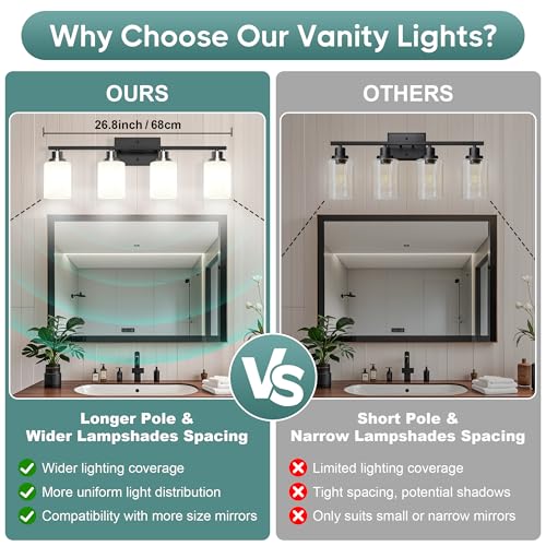 Image of Ascher Bathroom Light Fixtures, 4-Light Vanity Light Over Mirror, Black and Nickel Wall Sconces with Milky White Frosted Glass Shades, Wall Lamp for Living Room Bedroom, E26 Base(Bulbs Not Included)
