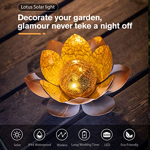 Aiiny Garden Solar Light Outdoor(2Pack) , Amber Crackle Globe Glass Lotus Decoration , Waterproof Orange Metal Led Flower Lights For Patio,Lawn,Walkway,Tabletop,Ground, Garden Gifts #TOP1