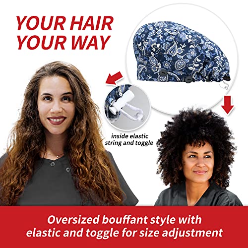 Image of ABAMERICA Bouffant Caps with Button and Sweatband, Adjustable Scrub Caps for Women Men, One Size Multi Color
