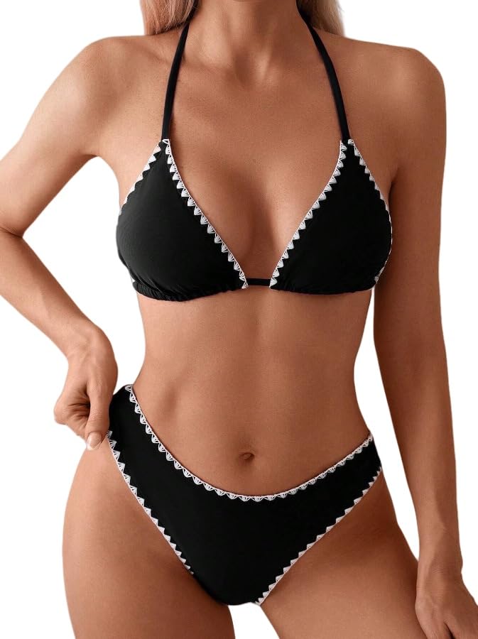 Women's Sexy Solid Color Lace Triangle Bikini Set, Halter Adjustable Ties Backless Two-Piece Swimsuit