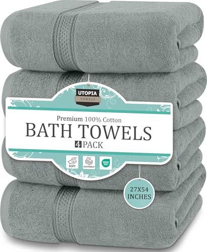 Utopia Towels 4 Pack Premium Bath Towels Set, 27 by 54 Inches, 100% Ring Spun Cotton 600GSM, Lightweight and Highly Absorbent Quick Drying Towels, Perfect for Daily Use, Cool Grey