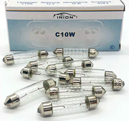 INION 10x Stück – C10W - 41mm - S8.5-12V - 10W - SV8.5-8 - KFZ Beleuchtung - LONGLIFE - Glühlampe Glassockellampe Glühbirne Soffitte Autolampen WERKSTATTWARE