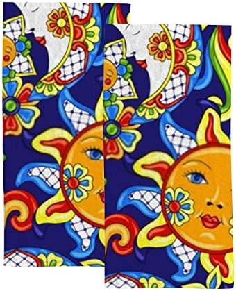 ZHONGJI Hand Towels 2 Piece Mexican Talavera Cute Pattern Blue Comfortable Skin-Friendly Non-Fading Bathroom Spa Kitchen Hotel Bath Gym Running 30X15 Inch