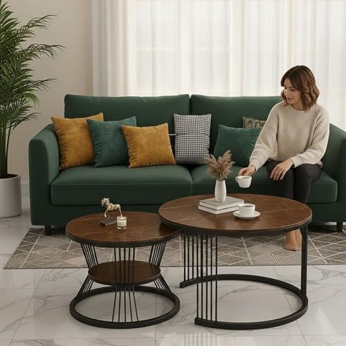 Image of The Round Coffee Table and The Stacking Tea Table with a Gold Metal Frame are Two Versatile Modern Center Tables That Look Great in Living Rooms (Black Brown)