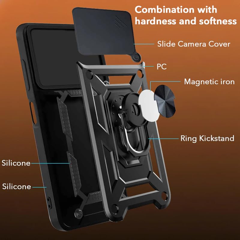 Image of Casodon Shockproof Back Case Cover for iQoo 15R 5G, Shockproof iQoo 15R Back Cover, Ring Case with Kickstand and Camera Protection Shutter - Black