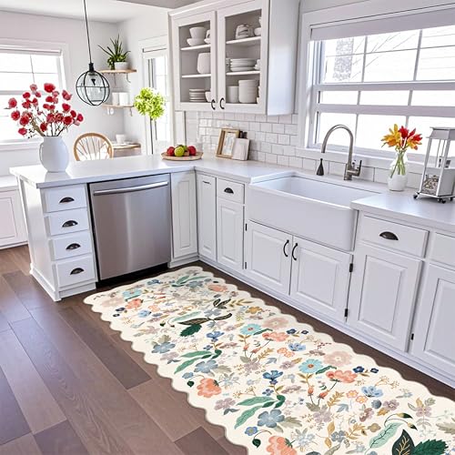 3x10 Washable Hallway Runner Rug: Long Floral Scalloped Soft Runners for Kitchen Entryway Non Slip Bathroom Nursery Floor Mat 10ft Water Resistant Low Pile Carpet for Living Room Bedroom(3x10,Cream)