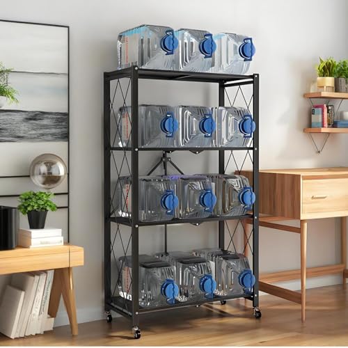 Image of Kitchen Garage Metal Shelves, Storage Shelves Organizer, Foldable Metal Shelving, Closet Shelving Unit, 28 inch W x 14 inch D x 50 inch H Bakers Rack Microwave Stand, Plant Stand with Wheels (4-Tier Shelf)