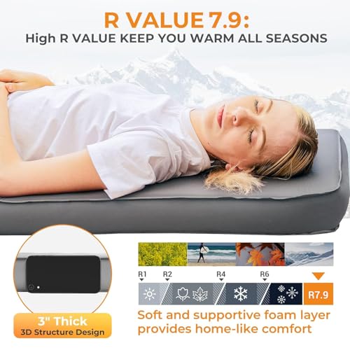 Image of KingCamp PREMIUM SINGLE Self Inflating Sleeping Pad, 7.5 R-Value Air & Foam Camping Mattress, 3 inch Thick Insulated Sleeping Pad with Pump Sack for Car Camp Tent, PVC Free, Single Light Grey