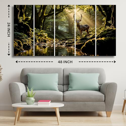 Image of Golden Deer Painting for Wall Decoration | 5-Piece MDF Wall Painting Set | Waterproof, Dustproof | Sparkle Laminated Big Size Deer Wall Painting for Living Room, Bedroom, Office, Home Decor