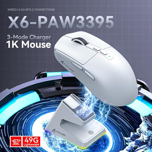Image of ATTACK SHARK X6 Lightweight Wireless Gaming Mouse with RGB Backlight Charging Base,Tri-Mode Wired /2.4GHz /BT5.2,26K DPI, PAW3395 Optical Sensor,HUANO Switch,5programmable Buttons,PC /Mac(White)