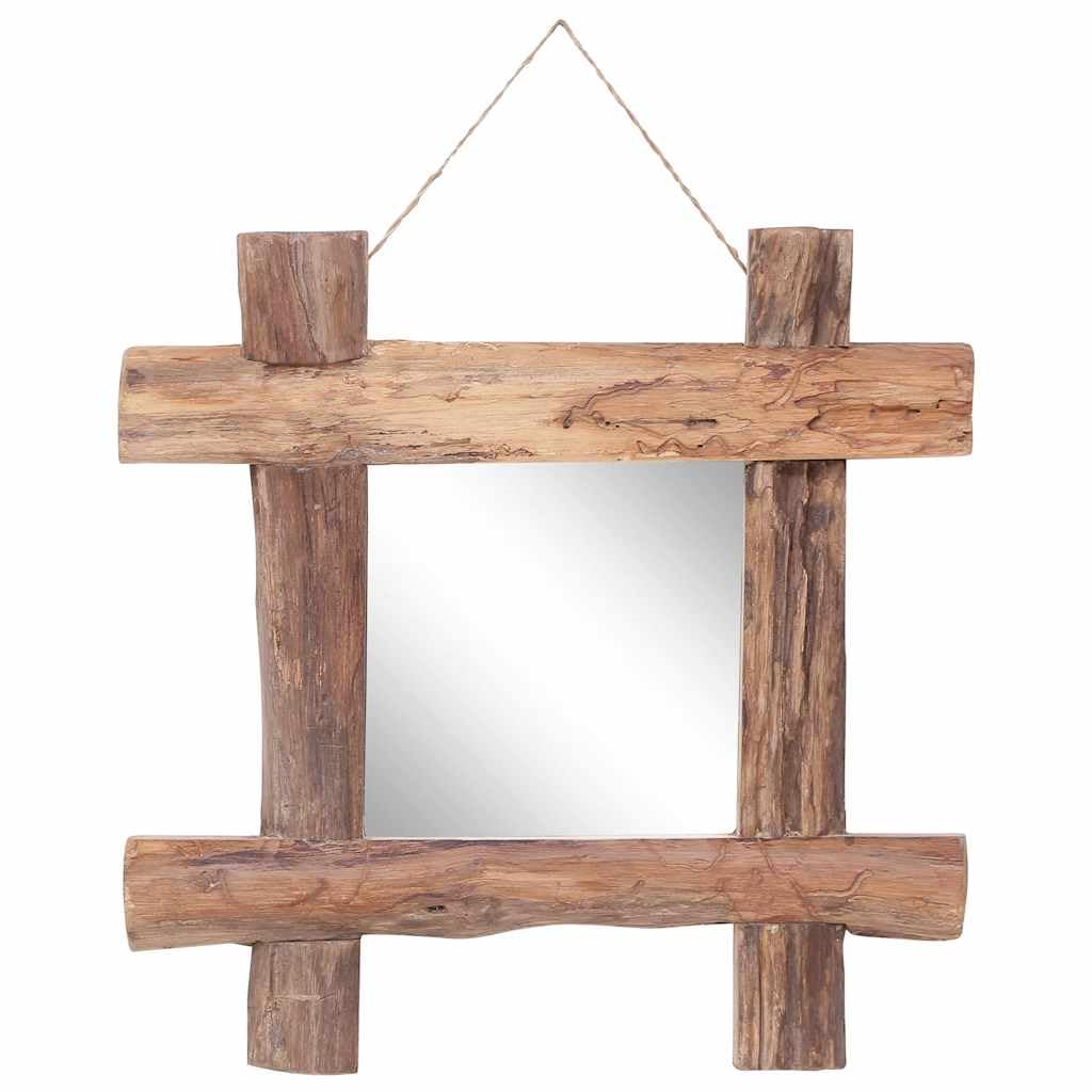Lustro drewniane naturalne 50 x 50 cm z drewna tekowego pochodzącego z recyklingu z ramą, lustro ścienne do salonu, łazienki, korytarza, idealne jako lustro dekoracyjne i garderobiane