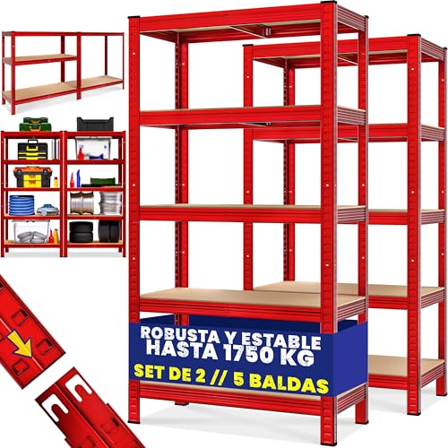 Monzana® 2X Estanterías Almacenaje Metálica 5 Baldas MDF 1750Kg 180x90x40cm Estantes Cargas Pesadas Orden Taller Garaje Trastero Almacén Cocina Rojo