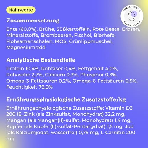 HEY HOLY Premium Nassfutter für große Jagdhunde 100% getreidefrei | 6X 400g Hundefutter für ausgewachsene große Jagdhunde mit Ente | Hochverträglich aus natürlichen Zutaten