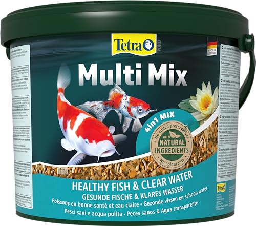 Tetra Pond Multi Mix - Fischfutter für gemischten Besatz im Teich, enthält vier verschiedenen Futtersorten (Flockenfutter, Futtersticks, Gammarus, Wafer), 10 L Eimer