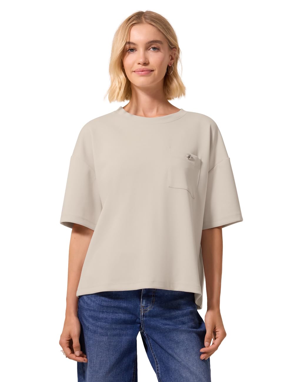 Street One Studio Silk Look T-Shirt with Chest Pocket Creamed Sand 42