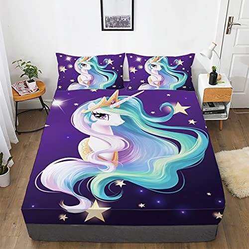 NOOS 3D Unicorn Fitted Sheet Full Size, Unicorn Bedding Set 3Pcs(1 Unicorn Fitted Sheet and 2 Unicorn Pillowcases) Unicorn Bed Sheet Set for Teens and Kids
