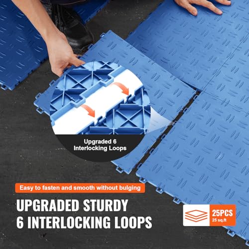 Image of VEVOR Garage Floor Tiles 12 x 12 x 0.53 inch, Interlocking Design Ease of Installation Double-Sided Texture Non-Slip Sturdiness, for Garages, Basements, Repair Shops, Blue, 25 Pack | Easy Installation Double-Sided Texture Non-Slip Sturdiness, Polypropylene for Garages, Basements, Repair Shops, Blue, 25 Pack