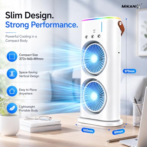 Image of MIKANIX Dual Fan Air Cooler with Mist Spray | Portable Cooling Fan, 90 Oscillation, Remote Control, RGB Ambient Lighting | USB Powred for Home, Office & Bedroom, 5 Years Warranty