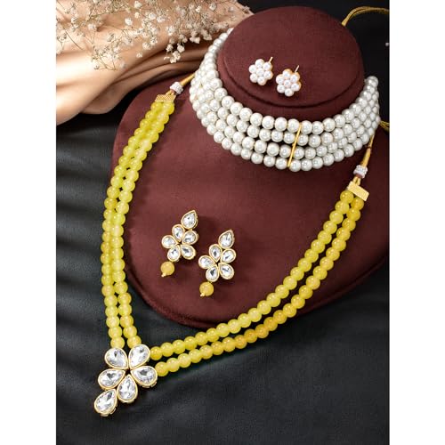 Image of Peora Crystal Faux Pearl Kundan Necklace & Jewellery Set Gift for Women
