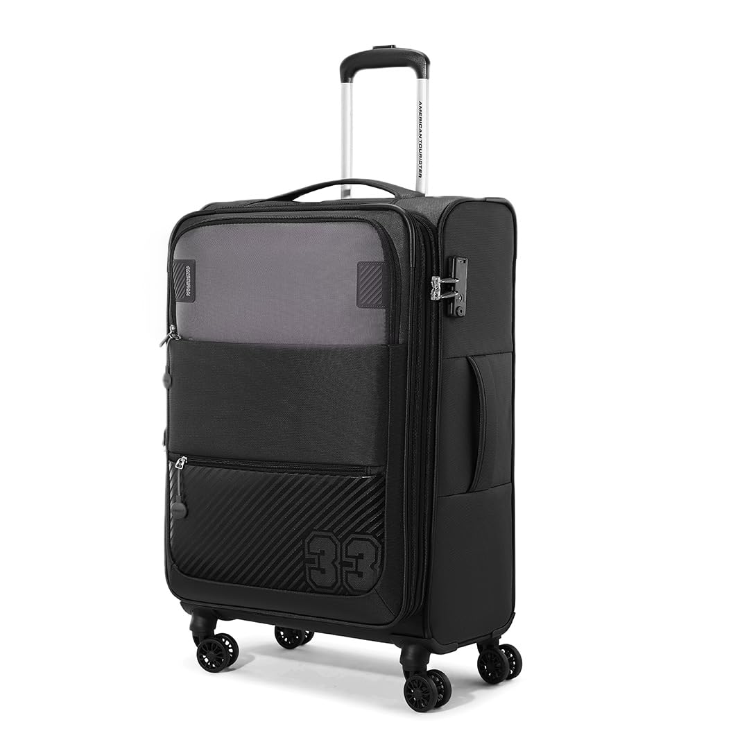 American Tourister Polyester Amt Majoris + Sp70Cm TSA Black Spinner Softshell Side Suitcase Luggage with TSA Lock and 8 Smooth Gliding International Carry-on Wheels and Tote Bag,45.5 Centimeters