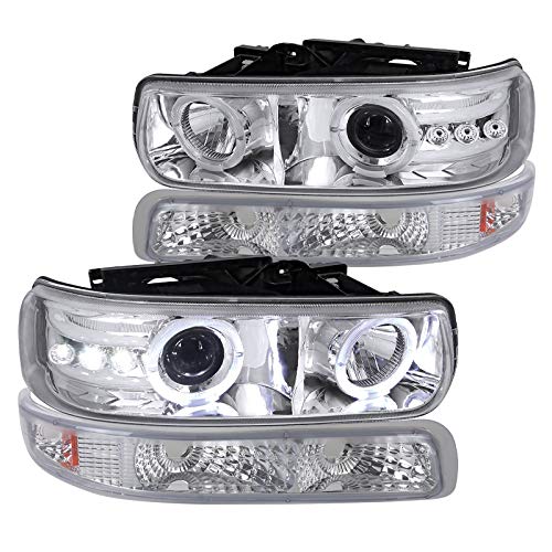 Spec-D Tuning Chrome Housing Clear Lens LED Halo Projector Headlights + Bumper Lights Compatible with 1999-2002 Chevy Silverado 1500/1500HD/2500/2500HD/3500 Left + Right Pair Headlamps Assembly