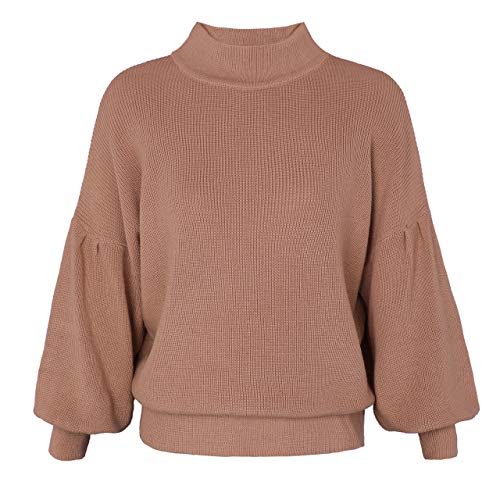 GABERLY Mock Neck Long Puff Sleeve Knitted Oversized Sweaters and Pullovers Blouse for Women (Turtleneck &Tan, One Size)