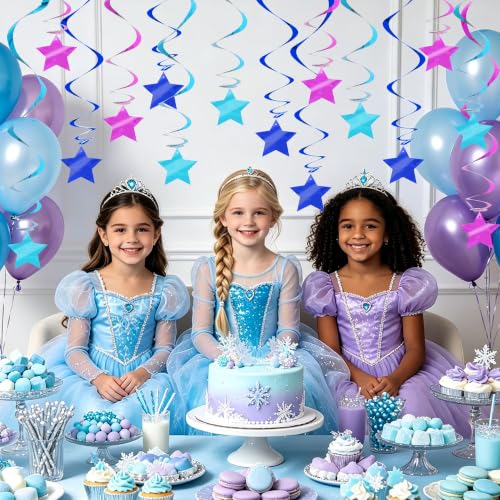 Image of BEISHID Blue Purple Pre-Strung Stars Hanging Swirls Stars Hanging Decorations for Baby Shower Winter Holiday Frozen Birthday Party Decorations Supplies,Pack of 15