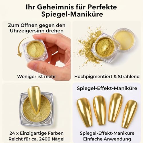Daozhogo 24 Gläser Chrome Nail Powder mit 24 Nagelschwammstäbchen, Crome Pulver Nägel, Metallic Cromepulver Cromepulver Nägel Nagelpuder