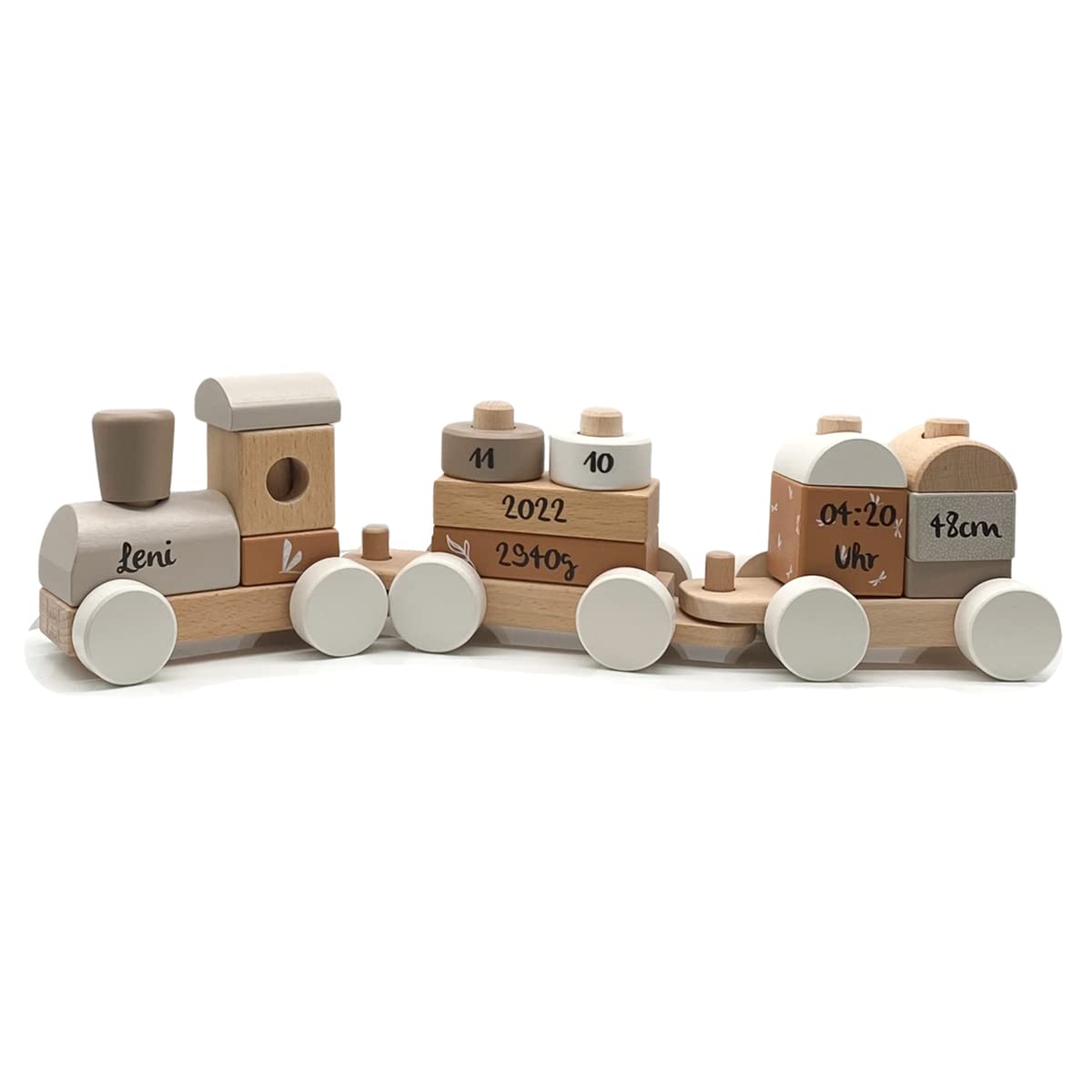 KIDSLINO Holz Eisenbahn Nougat - personalisierbar, zur Geburt Jungen, Handmade Holzspielzeug mit Steckformen, Personalisierte Geschenke Baby, Holzzug mit Name & Geburtsdaten
