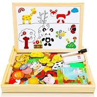 COOLJOY 100+ PCS Wooden Magnetic Puzzle, Magnetic Puzzle Board, Cute Pets Pattern Games Double Sided Jigsaw, Educational Drawing Easel Blackboard Wood Toys For Kids Up 3 Years Old Imagination