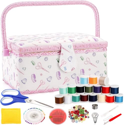 Dicunoy Sewing Box Organiser with Accessories, Large Wooden Sewing Kit Storage and Organizer Basket, Vintage Sewing Baskets with Removable Tray for Adults, Sewing Mending, Beginner, Floral Print, Pink
