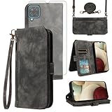 Asuwish Custodia per telefono per Samsung Galaxy A12/M12 Custodia a portafoglio con protezione dello schermo in vetro temperato Crossbody Cordino Flip Zipper Porta carte di credito Slot A 12 5G A-12