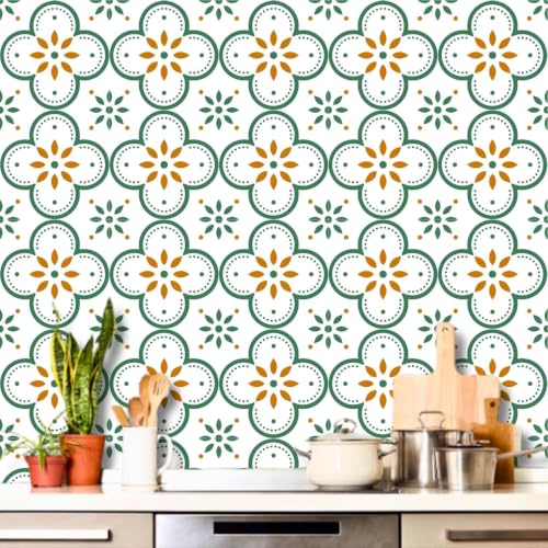 Image of Moroccan Tile Stickers | Waterproof Self Adhesive Peel & Stick Tile Decals for Kitchen Backsplash, Bathroom Wall, Floor, Furniture & Glass (8x8 Inch, Design 32)