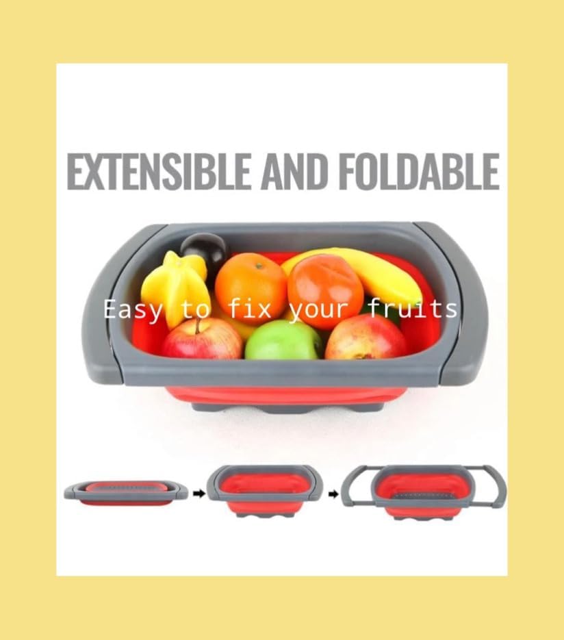 Miniatura 6 de Colador LP Colador plegable sobre el fregadero Coladores de verduras y frutas, coladores de 9 cuartos con asas extensibles, (rojo)