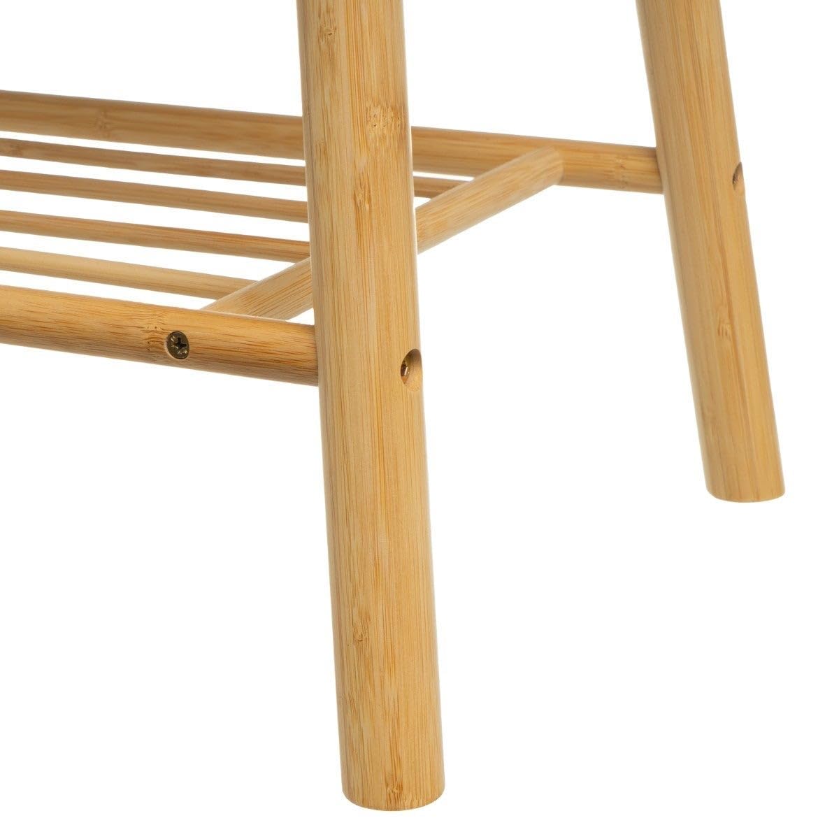 Banco zapatero de bambú marrón y poliéster gris para entrada, de 90x30x44cm | Mueble 2 en 1 robusto y acogedor. Organiza fácilmente tu calzado y disfruta del máximo confort al calzarte todos los días