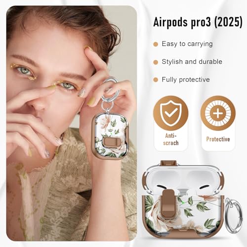 Image of Compatible Airpods Pro 3 Case (2025) with Phone Stand & Cleaner Kit,Cute Flower Print Soft Silicone Lock Clip Apple AirPods Pro 3rd Generation Case, Airpod Pro 3 Cover with Keychain for Women /Girls